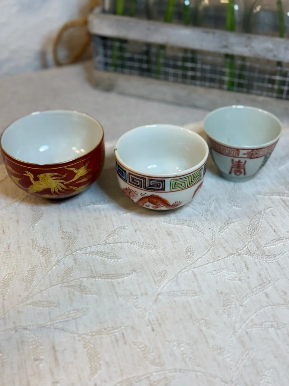 Vintage Chinese Porcelain 3 pc Teacup Set: Dragon & Phoenix, Crane and‎ Symbols
